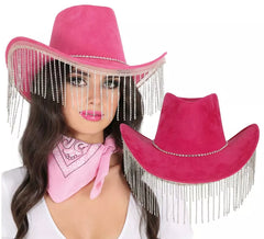 Chapeau de cowboy rose à franges pour adulte