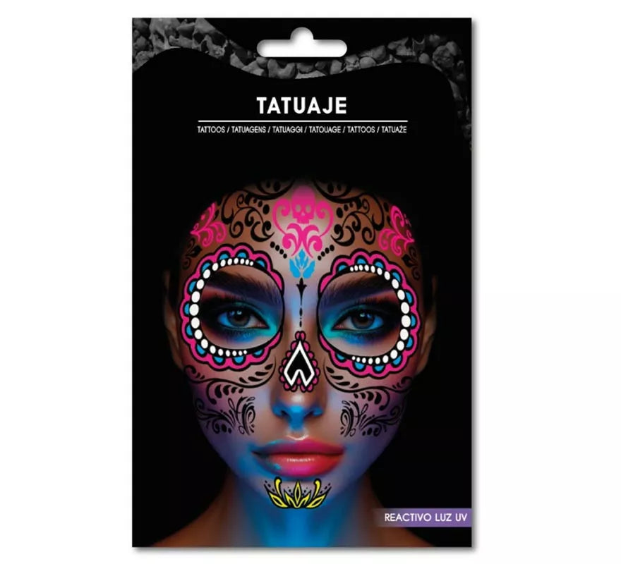 Translation missing: fr.Tatuaje Catrina rosa y azul fluorescente
