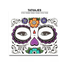Tatouage de visage adulte avec fleurs violettes Catrina