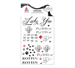 Tatouages Arlequin contradictoires noirs et rouges avec texte