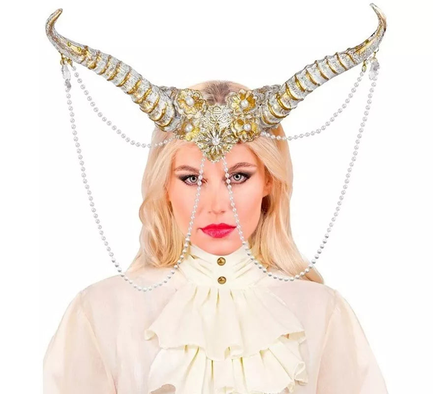 Tocado de Cuernos blanco y dorado