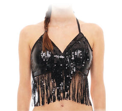 Top noir à franges et paillettes pour adulte
