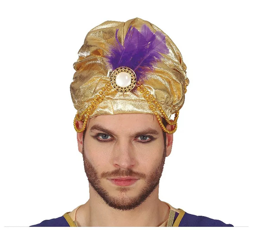 Turbante Dorado con Pluma Morada para hombre