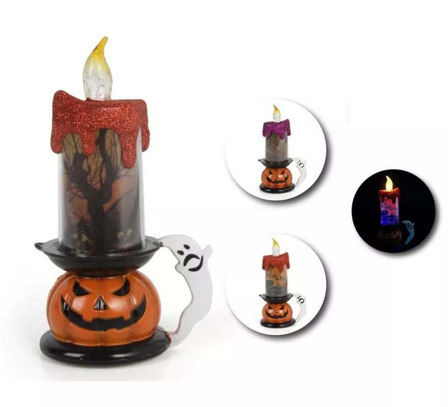 Translation missing: fr.Vela Halloween con base Calabaza en modelos surtidos con luz de 9,5x16,5 cm