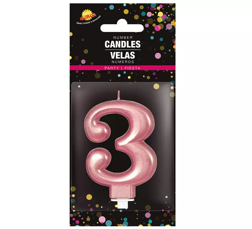 Vela Metalizada Oro y Rosa Número 3, de 8 cm