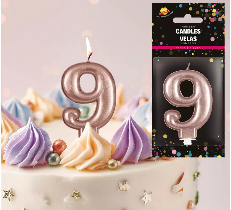 Translation missing: fr.Vela Metalizada Oro y Rosa Número 9, de 8 cm