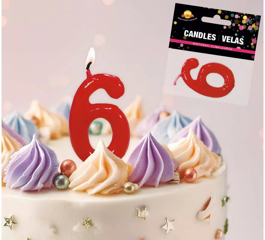 Translation missing: fr.Vela roja con el número 6 para cumpleaños