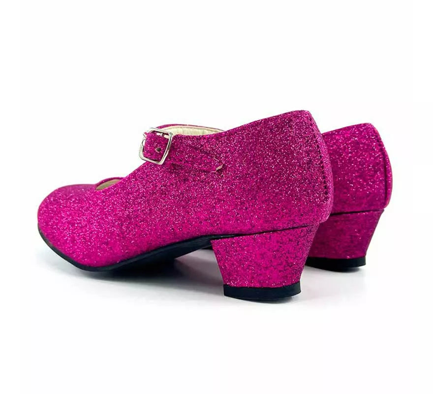 Translation missing: fr.Zapato Sevillana con tacón Fucsia Purpurina en números del 22 al 41