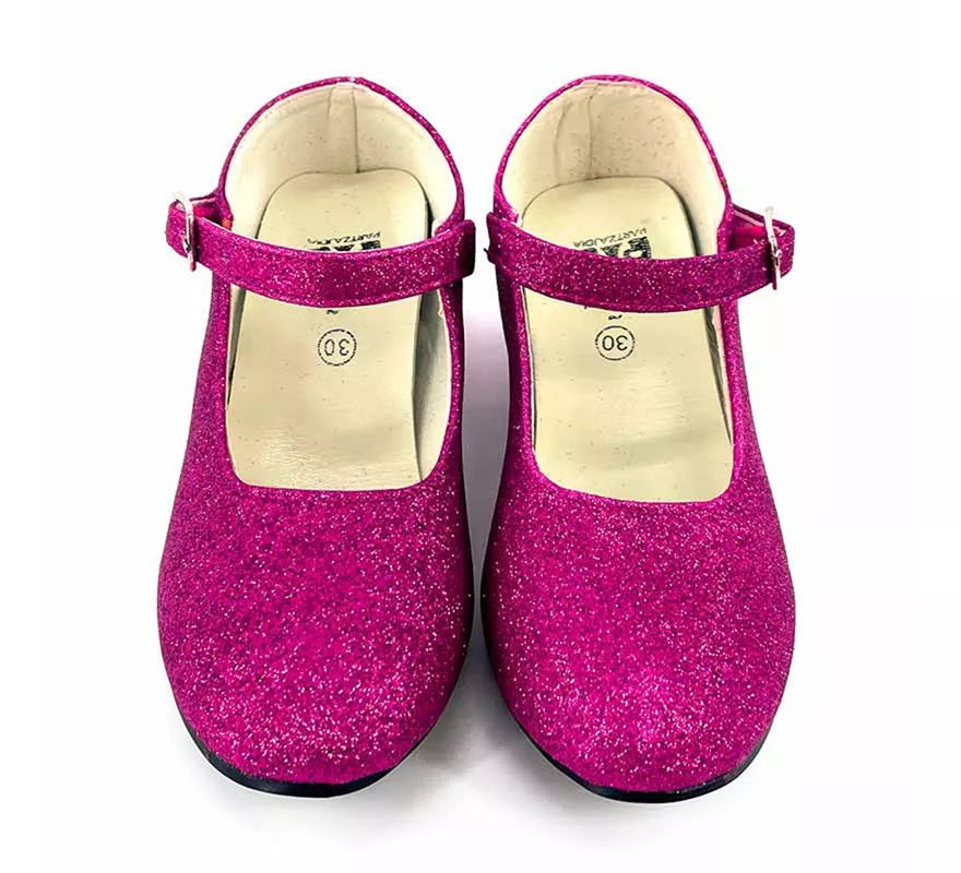 Translation missing: fr.Zapato Sevillana con tacón Fucsia Purpurina en números del 22 al 41