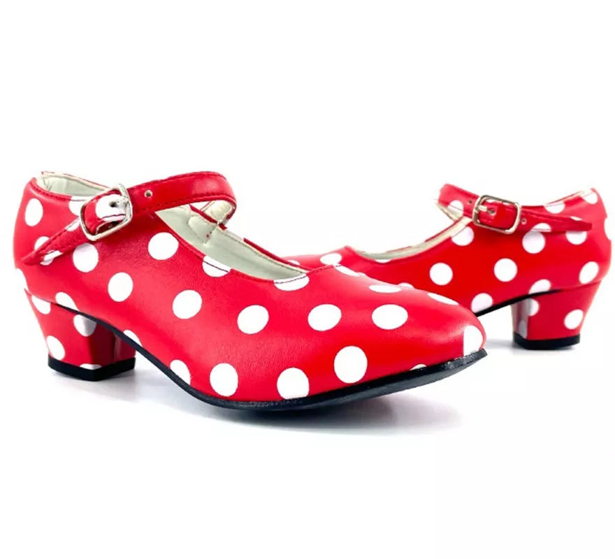 Translation missing: fr.Zapato Sevillana con tacón Rojo con lunares Blancos en números del 22 al 41