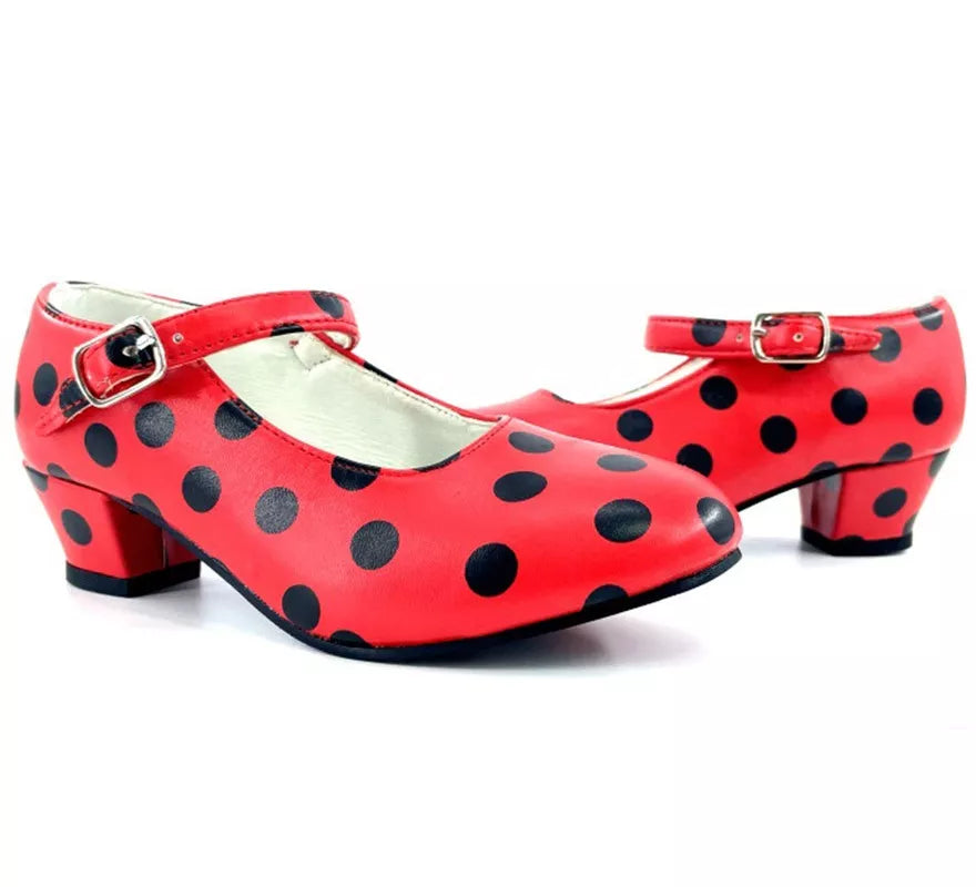 Translation missing: fr.Zapato Sevillana con tacón Rojo con lunares Negros en números del 22 al 41