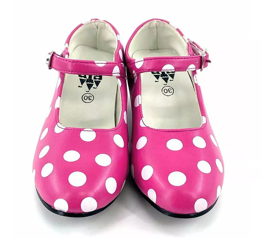 Translation missing: fr.Zapato Sevillana de tacón Fucsia con lunares Blancos números del 22 al 41