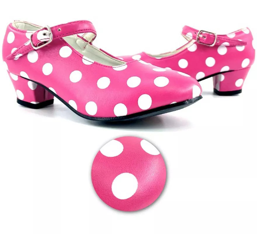 Translation missing: fr.Zapato Sevillana de tacón Fucsia con lunares Blancos números del 22 al 41
