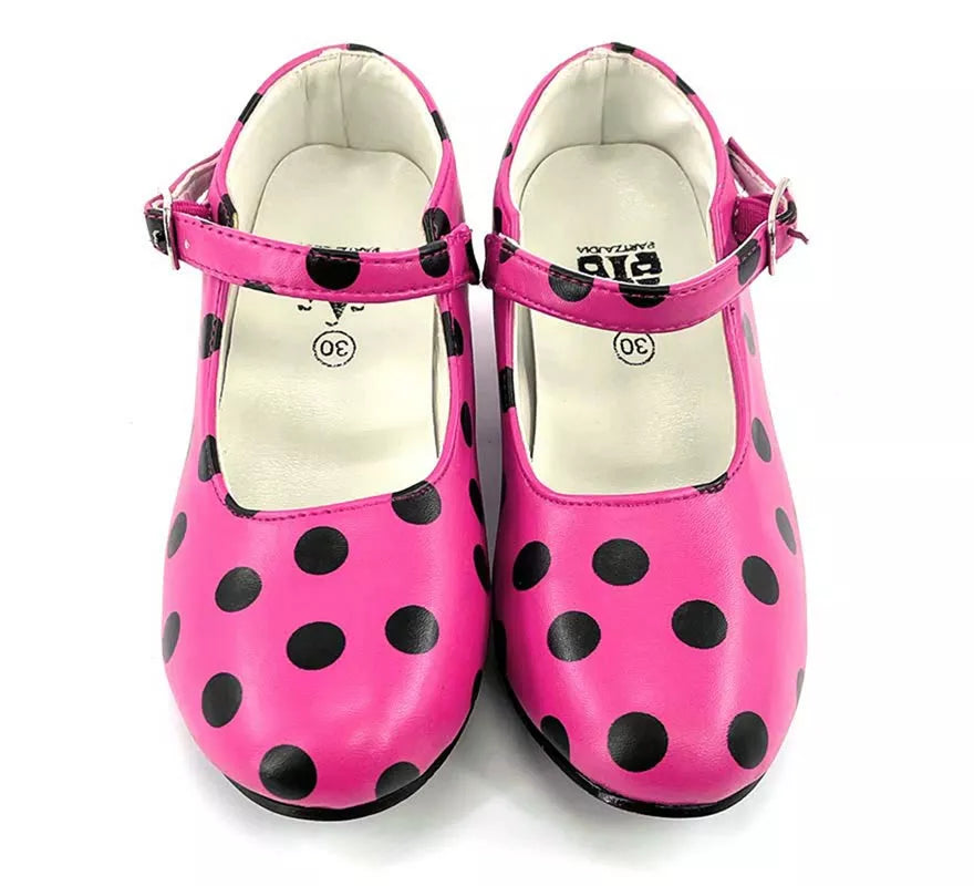 Translation missing: fr.Zapato Sevillana con tacón Fucsia con lunares Negros números del 22 al 41