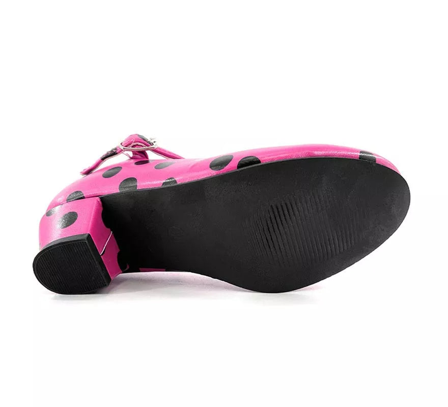 Translation missing: fr.Zapato Sevillana con tacón Fucsia con lunares Negros números del 22 al 41