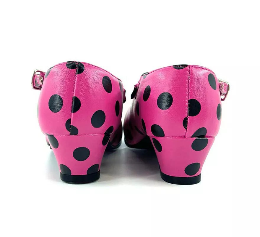 Translation missing: fr.Zapato Sevillana con tacón Fucsia con lunares Negros números del 22 al 41