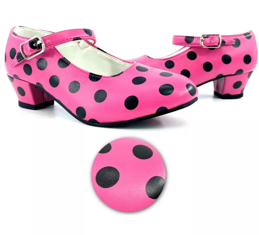 Translation missing: fr.Zapato Sevillana con tacón Fucsia con lunares Negros números del 22 al 41